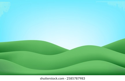 3d green hills background. Kid grass wavy gradient vector. Spring summer nature with mountains, grassy zoo. Paper cut side pattern, plasticine cartoon garden. Clay panorama field, cute curved floor