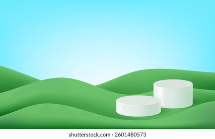 3d green hills background. Kid grass wavy gradient vector. Spring summer nature with mountains, grassy zoo. Paper cut side pattern, plasticine cartoon garden. Clay panorama field, cute curved floor