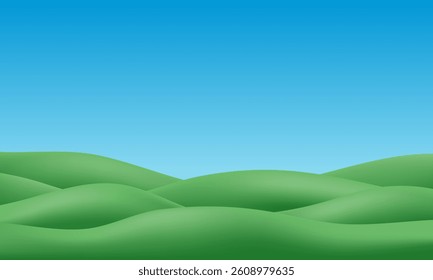 3d green hills background. Kid grass wavy gradient vector. Spring summer nature with mountains, grassy zoo. Paper cut side pattern, plasticine cartoon garden. Clay panorama field, cute curved floor