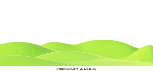 3D green hills and grass field background. Render or grassy hills perfect for children projects, outdoor games and eco concepts. Spring or summer nature landscape podium with meadow, valley Vector bg