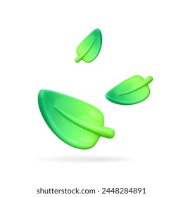 3d green leaf isolated. Eco concept. 3d ecology, organic, fiendly design concept. Composition of falling , floating abstract leaves. Cartoon vector illustration