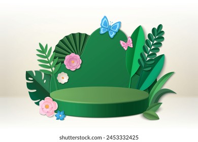 3d green leaf product display podium for studio. Summer plant platform scene for nature banner. Cosmetic pedestal presentation template with flower and leaves in spring. Modern showcase render