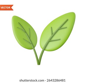3d Green leaf. Leaf of tree and plant. Icon of organic plant. Symbol of environment and tree. 3D rendering. Vector illustration