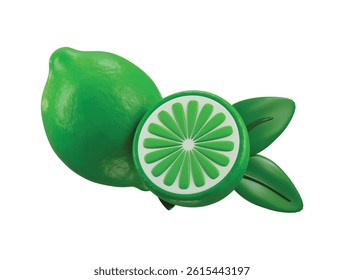 3D Green Lemon Icon with leaf concept of Fresh citrus lime fruit whole half quarter slice with flowering lemon Icon Perfect for Advertising and Design Projects