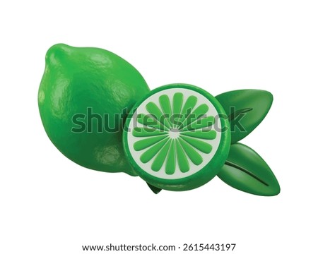 3D Green Lemon Icon with leaf concept of Fresh citrus lime fruit whole half quarter slice with flowering lemon Icon Perfect for Advertising and Design Projects