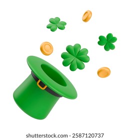 3D green leprechaun hat with flying gold coins and green shamrocks. Green hat with gold belt and four-leaf clover. Realistic St Patrick's day symbol with lucky Shamrock. Vector sign of good luck