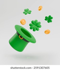 3D green leprechaun hat with flying gold coins and green shamrocks. Green hat with gold belt and four-leaf clover. Realistic St Patrick's day symbol with lucky Shamrock. Vector sign of good luck