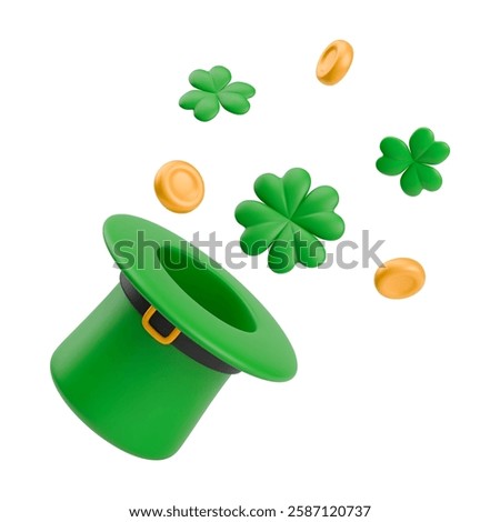 3D green leprechaun hat with flying gold coins and green shamrocks. Green hat with gold belt and four-leaf clover. Realistic St Patrick's day symbol with lucky Shamrock. Vector sign of good luck