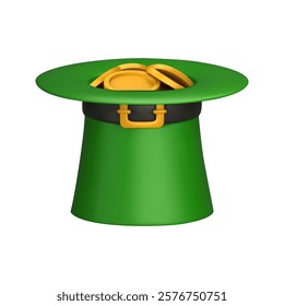 3D green leprechaun top hat full of gold coins. Decorative element for St. Patricks Day. Vector 3D realistic illustration isolated on white background.