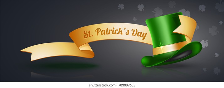 3D green leprechaun's hat and golden ribbon on grey background, Happy St. Patrick's Day Banner Design.