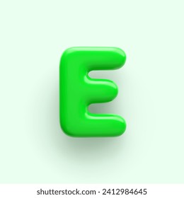 3D Green letter E with a glossy surface on a light background .