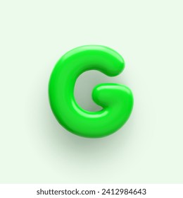 3D Green letter G with a glossy surface on a light background .