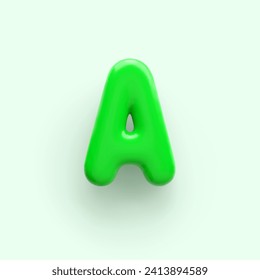 3D Green letter A with a glossy surface on a light background .