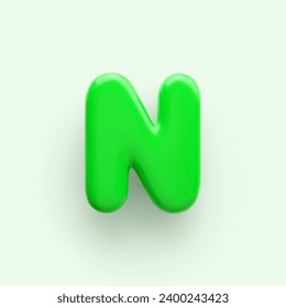 3D Green letter N with a glossy surface on a light background .
