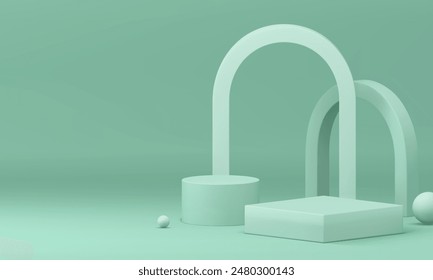 3d green light podium pedestal with arch and sphere for presentation realistic vector illustration. Trendy rendering minimalist pastel display with archway wall background for product show advertising