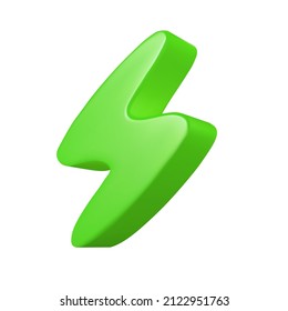 3d green lightning bolt, eco energy vector icon of thunder flash. Realistic electricity concept.