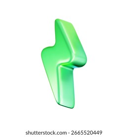 Ícone de raio verde 3D com efeito cromo neon no fundo branco. Energia ecológica, eletricidade, energia renovável, carregamento, ícone de IU, tecnologia limpa, sustentabilidade. Ilustração de renderização de vetor
