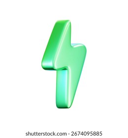 3D green lightning bolt icon with neon chrome effect on white background. Eco energy, electricity, renewable power, charging, UI icon, clean technology, sustainability. Vector render illustration