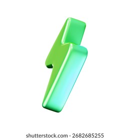 3D green lightning bolt icon with neon chrome effect on white background. Eco energy, electricity, renewable power, charging, UI icon, clean technology, sustainability. Vector render illustration