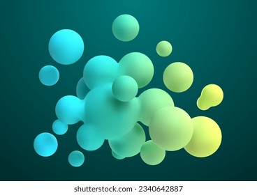 3d green liquid blobs set. Abstract colored spheres in flight. Vector realistic render of bubbles on an isolated white background. Illustration of lava lamp elements.