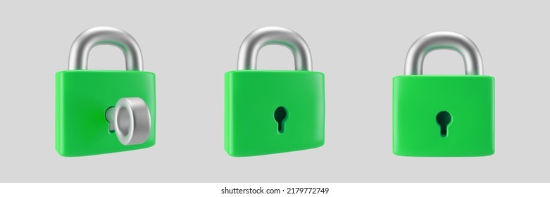 3d green locked padlock icon set with key isolated on gray background. Render minimal closed padlock with a keyhole. Confidentiality and security concept. 3d cartoon simple vector illustration