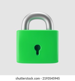 3d green locked padlock icon isolated on gray background. Render minimal closed padlock with a keyhole. Confidentiality and security concept. 3d cartoon simple vector illustration
