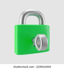 3d green locked padlock icon with key isolated on gray background. Render minimal closed padlock with a keyhole. Confidentiality and security concept. 3d cartoon simple vector illustration