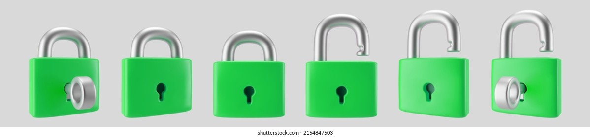 3d green locked and unlocked padlock icon set with key isolated on gray background. Render minimal padlock with a keyhole. Confidentiality and security concept. 3d cartoon simple vector illustration