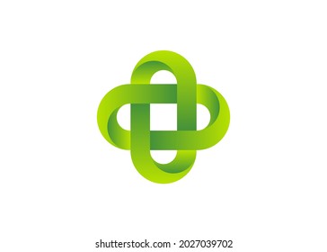 3D green logo in celtic knot style, Business Abstract icon. Corporate, Media, Overlapping Cross. Bio Technology styles vector design template isolated on white background 