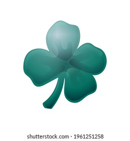 3d Green Lucky Four Leaf Clover icon in a Cartoon Style. Vector illustration isolated on white background. Design elements for St. Patrick Day. Magic Symbol of Good Luck. Highlights and Shadows