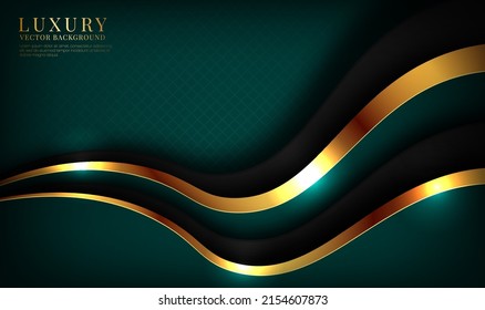 3D green luxury abstract background overlap layers on dark space with golden waves effect decoration. Graphic design element future style concept for flyer, card, brochure cover, or landing page