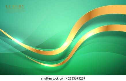 3D green luxury abstract background overlap layers on bright space with golden curve decoration. Waves style concept. Graphic design element for banner, flyer, card, brochure cover, or landing page