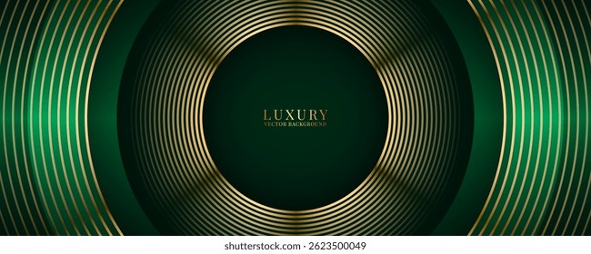 El fondo abstracto de lujo verde 3D se superpone en el espacio oscuro con la decoración de líneas de círculos dorados. Concepto moderno del estilo de la forma del recorte del elemento de Diseño gráfico para el Web, el volante, la tarjeta o la cubierta del folleto