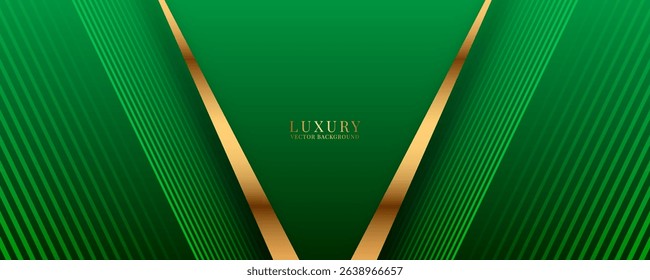 3D green luxury abstract background overlap layer on dark space with golden diagonal lines decoration. Modern graphic design element stripes style concept for web banner, flyer, card or brochure cover
