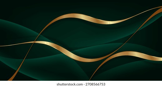 Capa de superposición de fondo abstracto de lujo verde 3D en el espacio oscuro con decoración de líneas de onda dorada. Concepto moderno del estilo del recorte del elemento del Diseño gráfico para el Anuncio del Web, el arte, el volante, la tarjeta o la cubierta del folleto