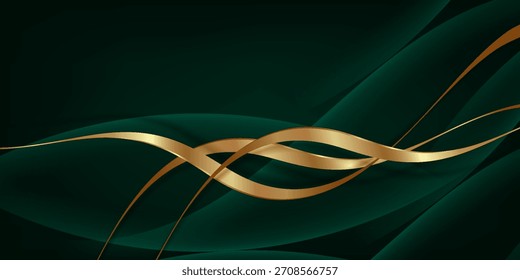 Capa de superposición de fondo abstracto de lujo verde 3D en el espacio oscuro con decoración de líneas de onda dorada. Concepto moderno del estilo del recorte del elemento del Diseño gráfico para el Anuncio del Web, el arte, el volante, la tarjeta o la cubierta del folleto