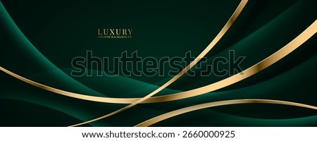 3D green luxury abstract background overlap layer on dark space with golden wave lines decoration. Modern graphic design element cutout style concept for web banner, art, flyer, card or brochure cover