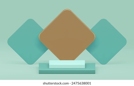 3d green luxury podium pedestal with rhombus wall background realistic vector illustration. Trendy golden platform geometric shape interior for product show display commercial stage for presentation