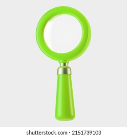 3d green magnifying glass icon isolated on gray background. Render minimal transparent loupe search icon for finding, reading, research, analysis information. 3d cartoon realistic vector