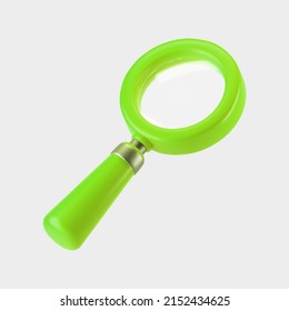 3d green magnifying glass icon isolated on gray background. Render minimal transparent loupe search icon for finding, reading, research, analysis information. 3d cartoon realistic vector