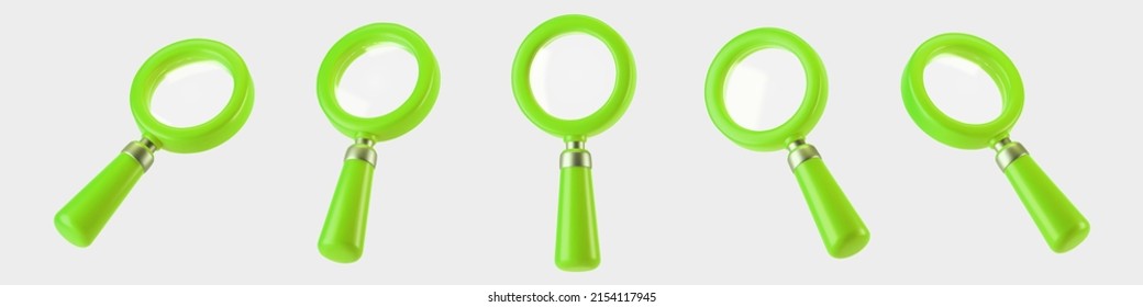 3d green magnifying glass icon set isolated on gray background. Render minimal transparent loupe search icon for finding, reading, research, analysis information. 3d cartoon realistic vector