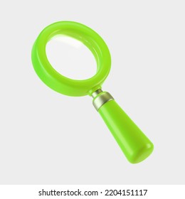 3d green magnifying glass icon isolated on gray background. Render minimal transparent loupe search icon for finding, reading, research, analysis information. 3d cartoon realistic vector