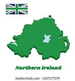 3d Green map outline and flag of Northern Ireland, green union flag, with name text Northern Ireland.