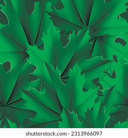 3d green maple leaves seamless pattern. Leafy Beautiful ornamental surface vector background. Repeat botanical backdrop. Summer spring green leaves ornaments. Artistic decorative ornate grunge design.