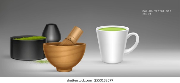 Polvo matcha verde 3D. Té de Japón o Anuncio de producto de bebida con café con leche. Exhibición japonesa de la ceremonia del café de la macha para hacer publicidad. Realista tazón de bambú con la escena asiática de la desintoxicación herbaria y batidor para la maqueta.