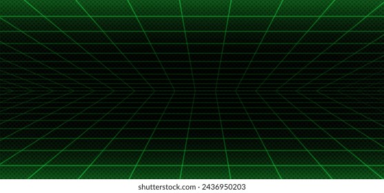 3d green matrix line wire grid space background. Perspective futuristic wireframe room with mesh dimension. Neon vaporwave floor and horizon design. Laser cyberspace or abstract arena with ceiling