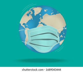 3d green medical face mask with the earth. Globe wearing protective surgical filter mask. health care equipment vector illustration.