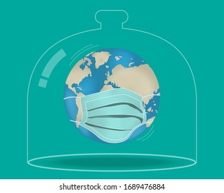 3d green medical face mask with the earth. Globe wearing protective surgical filter mask in glass cover.  vector illustration.