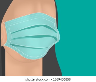 3d green medical mask cover on woman face. Protective surgical filter mask. health care equipment vector illustration.