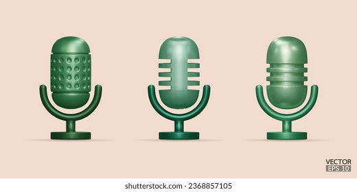 3D green microphone on stand icon set. Podcast icon vector. Voice vector icon, Record. audio equipment, Broadcasts, and interviews. 3d vector illustration.